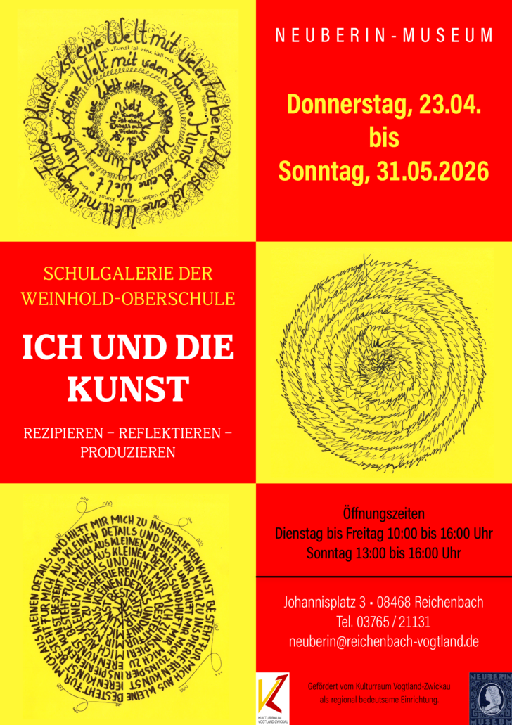 Das Ausstellungsplakat zeigt drei von Schülern geschaffenen Kunstwerke