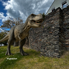 KI-generiertes Bild eines Tyrannosaurus Rex vor der Reichenbacher Stadtmauer